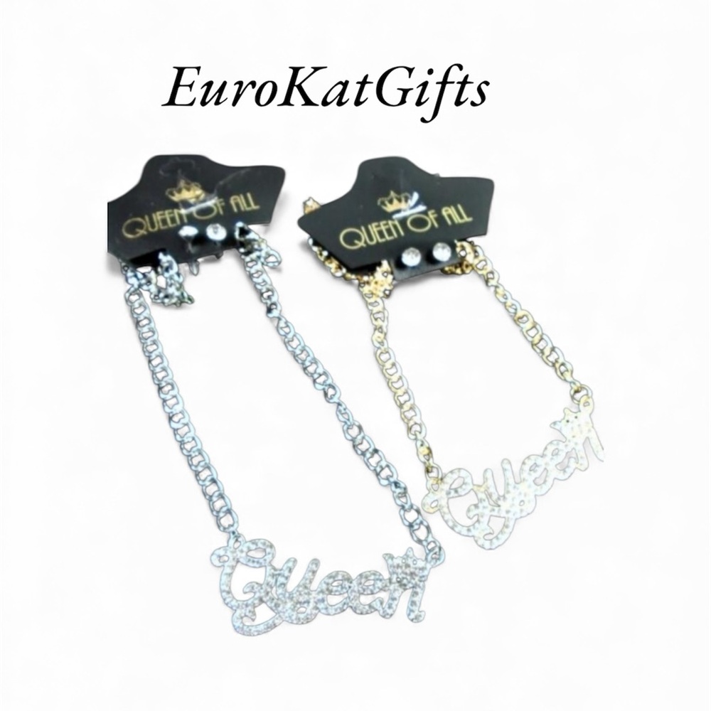 Rhinestone embellished QUEEN Necklace set. Gold pl over Stainless Steel NEW NWT